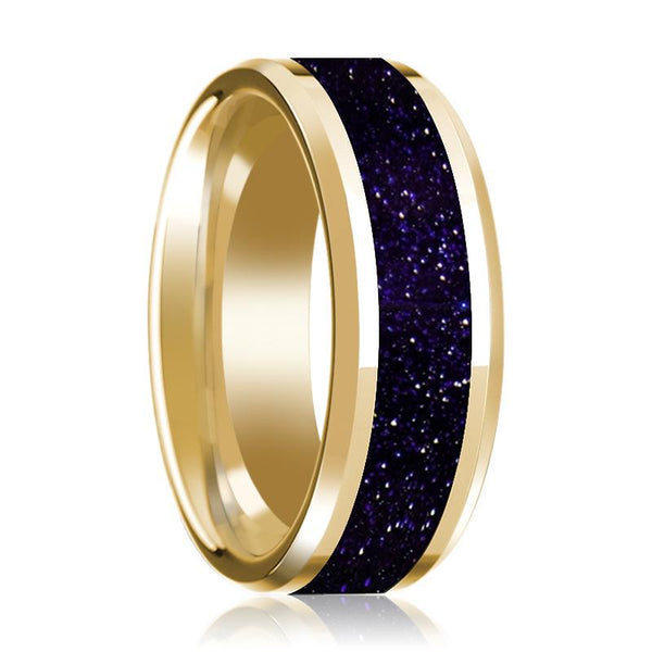Men's Beveled 14k Yellow Gold Wedding Band with Purple GoldStone Inaly & Polished Finish - 8MM - Rings - Aydins Jewelry - 1