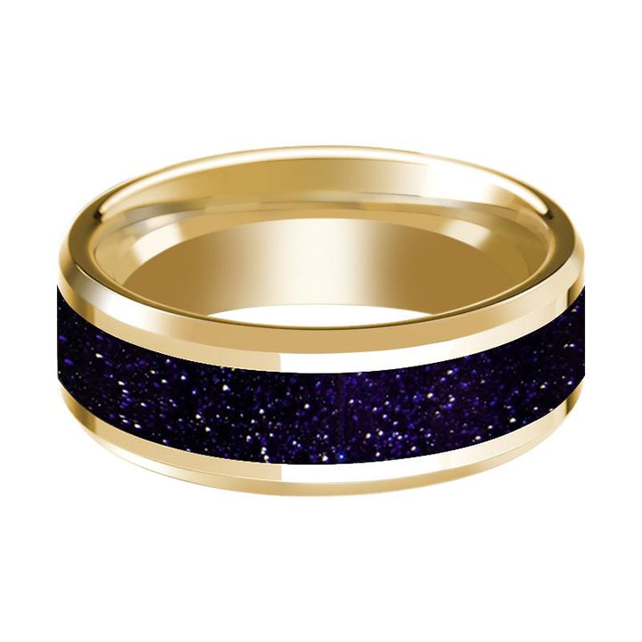 Men's Beveled 14k Yellow Gold Wedding Band with Purple GoldStone Inaly & Polished Finish - 8MM - Rings - Aydins Jewelry - 2