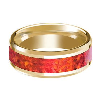 Red Opal inlay 14k yellow gold wedding band 8mm, side profile