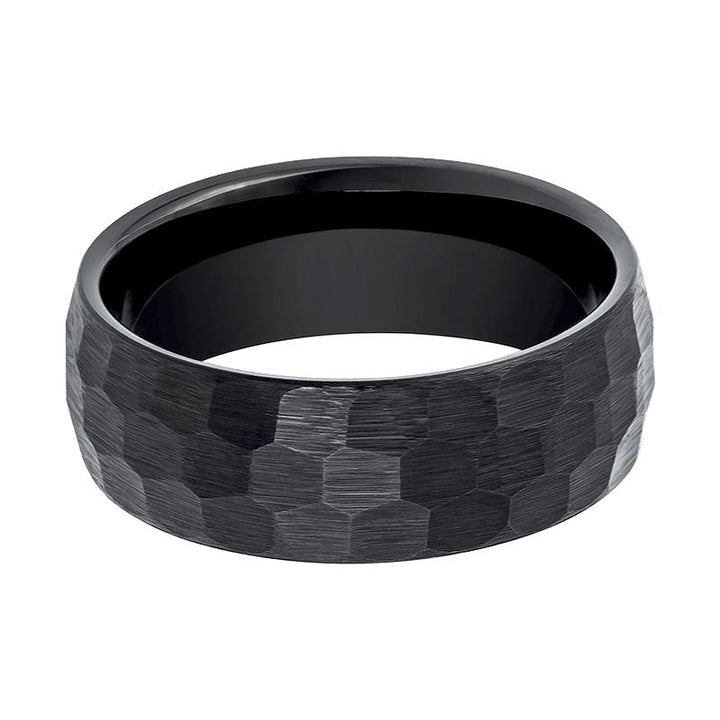 Men's Black Hammered Tungsten Wedding Band with Brushed Finish & Domed Edges - 8MM - Rings - Aydins Jewelry