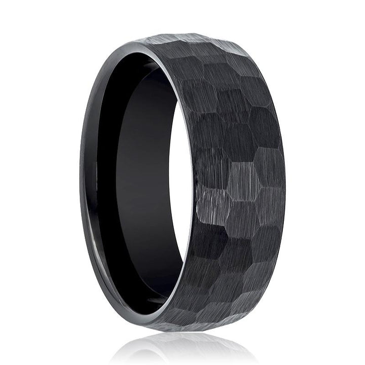 Men's Black Hammered Tungsten Wedding Band with Brushed Finish & Domed Edges - 8MM - Rings - Aydins Jewelry
