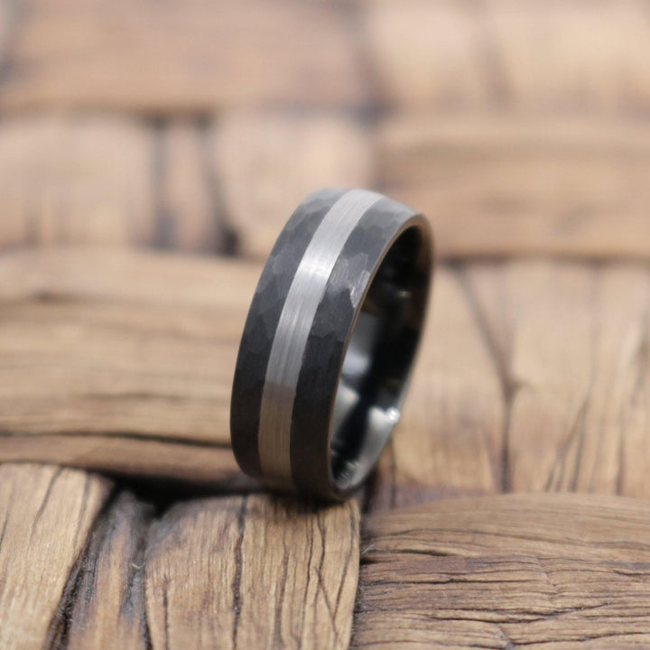 Men's Black Hammered Tungsten Wedding Band with Silver Brushed Stripe Center Domed Edges - Rings - Aydins Jewelry - 3