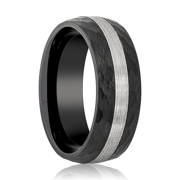 Men's Black Hammered Tungsten Wedding Band with Silver Brushed Stripe Center Domed Edges - Rings - Aydins Jewelry - 1