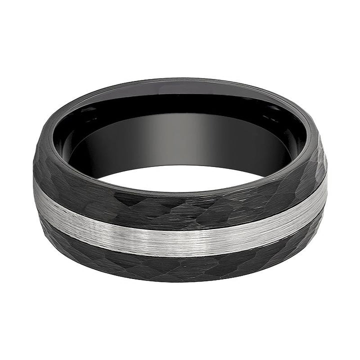 Men's Black Hammered Tungsten Wedding Band with Silver Brushed Stripe Center Domed Edges