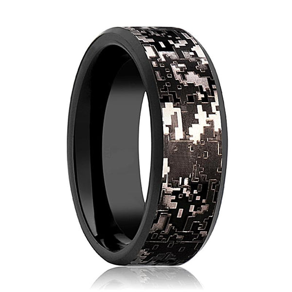 Men's Black Tungsten Wedding Band with Black Digital Camouflage Inlay and Bevels - 8MM