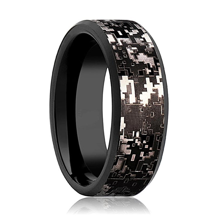 Men's Black Tungsten Wedding Band with Black Digital Camouflage Inlay and Bevels - 8MM - Rings - Aydins Jewelry - 1