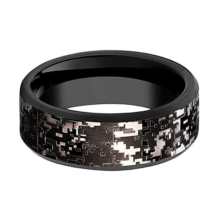 Men's Black Tungsten Wedding Band with Black Digital Camouflage Inlay and Bevels - 8MM - Rings - Aydins Jewelry - 2