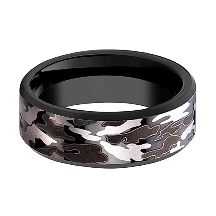 Men's Black Tungsten Wedding Band with Black & Gray Camo Inlay and Bevels - 8MM - Rings - Aydins Jewelry - 2