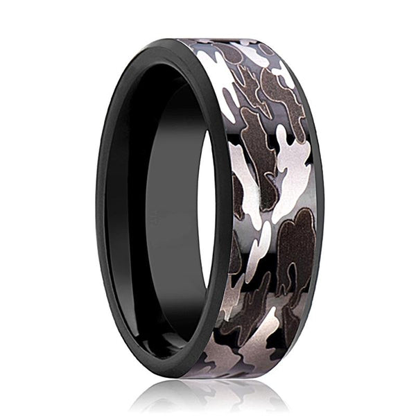 Men's Black Tungsten Wedding Band with Black & Gray Camo Inlay and Bevels - 8MM