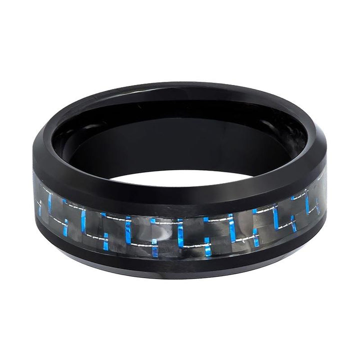 HAWTHORN | Black Tungsten Ring, Blue Carbon Fiber Inlay, Beveled - Rings - Aydins Jewelry - 2