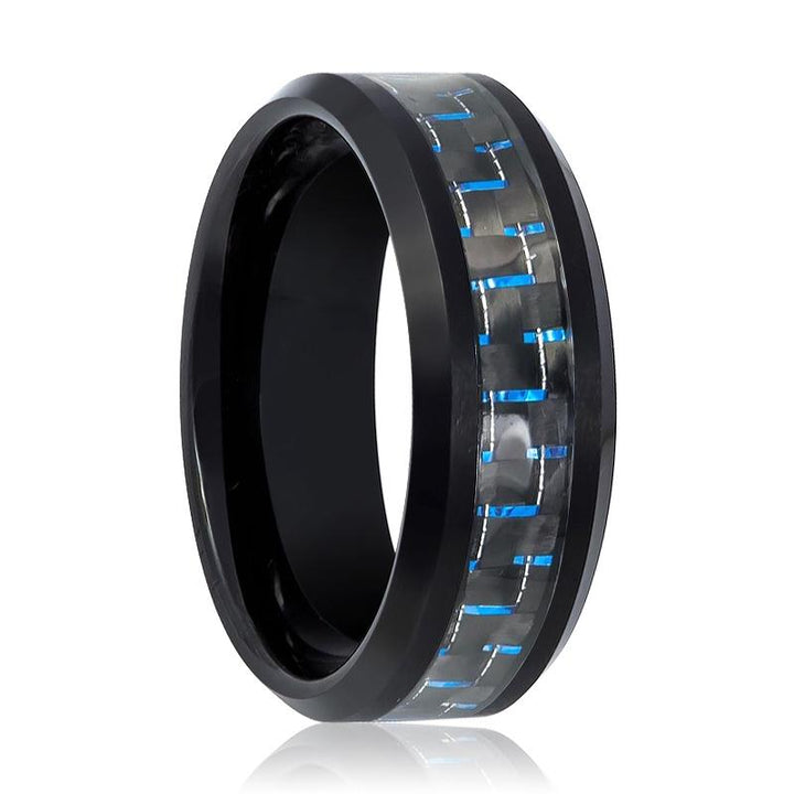HAWTHORN | Black Tungsten Ring, Blue Carbon Fiber Inlay, Beveled - Rings - Aydins Jewelry - 1