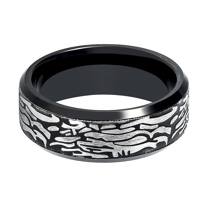 ROCKFORGE | Black Tungsten Ring, Laser Carved Rock Art Pattern, Beveled