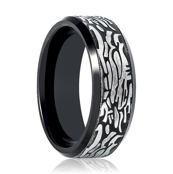 ROCKFORGE | Black Tungsten Ring, Laser Carved Rock Art Pattern, Beveled - Rings - Aydins Jewelry - 1