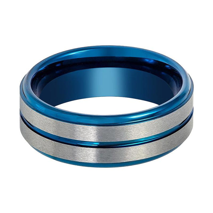 MAXTOM | Blue Tungsten Ring, Silver Stripes, Groove, Stepped Edge - Rings - Aydins Jewelry - 2