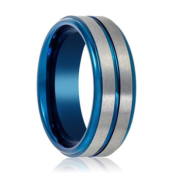 MAXTOM | Blue Tungsten Ring, Silver Stripes, Groove, Stepped Edge - Rings - Aydins Jewelry - 1
