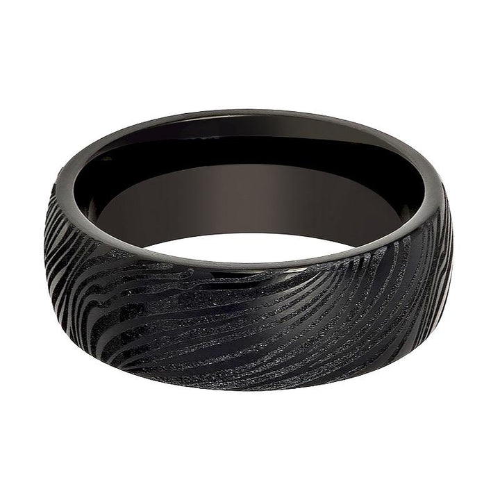 MUKUGLO | Black Tungsten Ring, Laser Engraved Mukume Gane Effect, Domed - Rings - Aydins Jewelry - 2