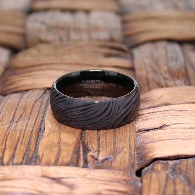 MUKUGLO | Black Tungsten Ring, Laser Engraved Mukume Gane Effect, Domed - Rings - Aydins Jewelry - 4