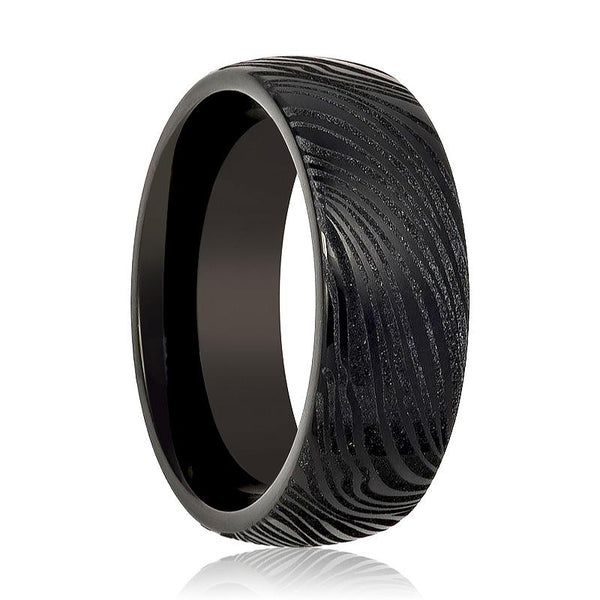 MUKUGLO | Black Tungsten Ring, Laser Engraved Mukume Gane Effect, Domed - Rings - Aydins Jewelry - 1