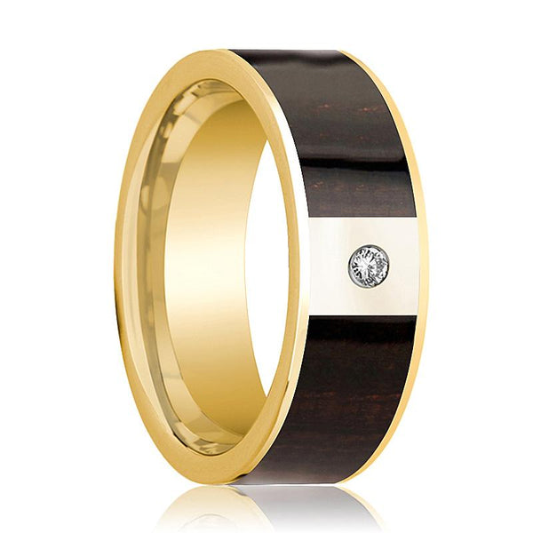 Men's Ebony Wood Inlaid 14k Gold Wedding Ring with White Diamond in Center - 8MM - Rings - Aydins Jewelry - 1