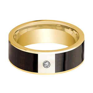 Ebony Wood inlay 14k white gold wedding band 8mm with diamond, side profile