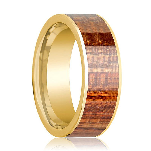 Men's Engagement Ring Polished 14k Yellow Gold Flat Wedding Band with Mahogany Wood Inlay - Rings - Aydins Jewelry - 1