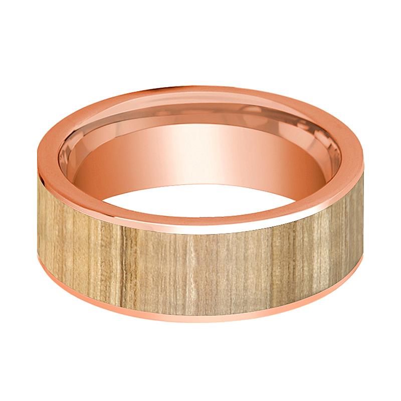 Ash Wood inlay 14k rose gold wedding band 8mm, side profile