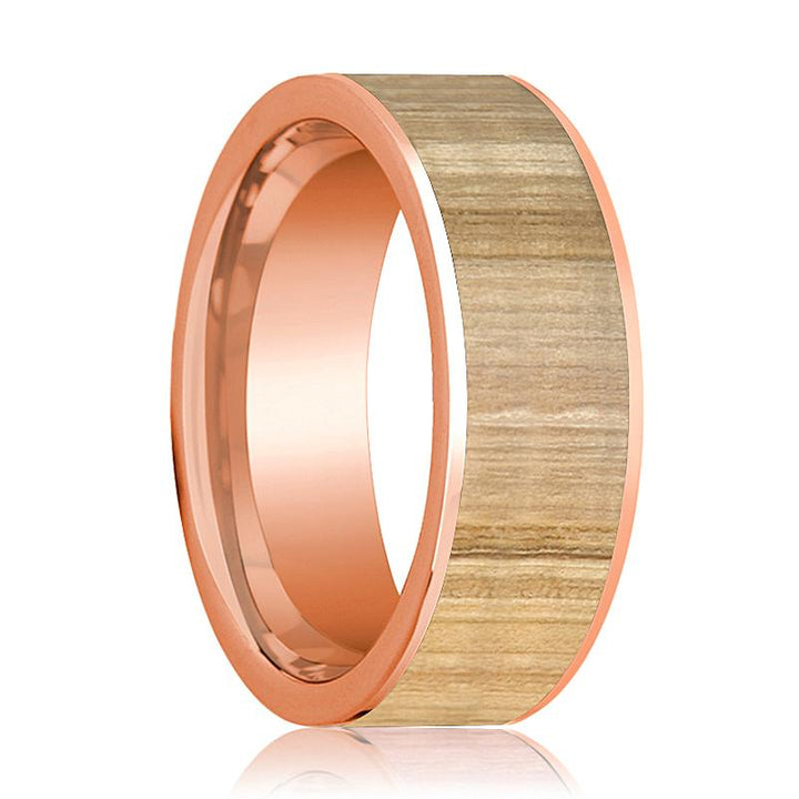 Mens Wedding Band Polished Flat 14k Rose Gold Wedding Ring with Ash Wood Inlay  - 8mm - AydinsJewelry