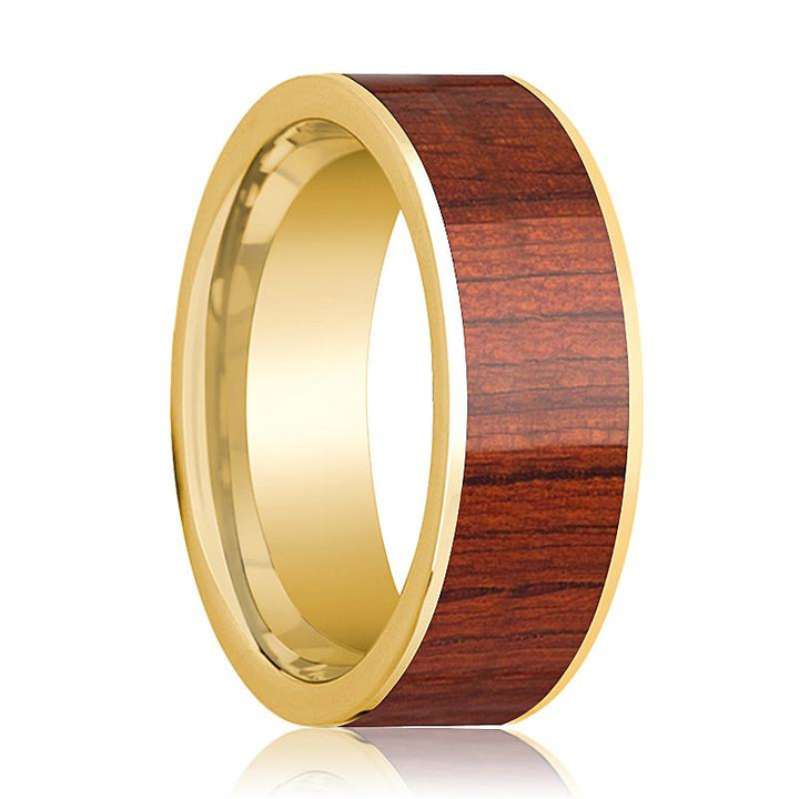 Mens Wedding Ring Polished 14k Yellow Gold Flat Wedding Band with Padauk Wood Inlay - 8mm - AydinsJewelry