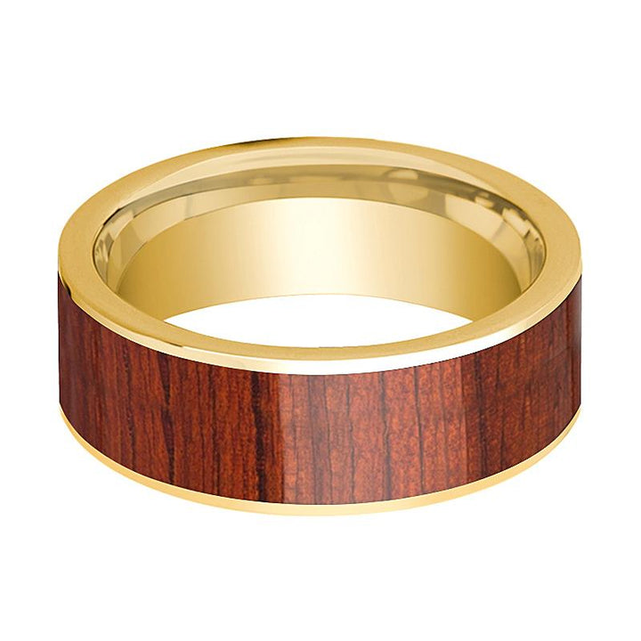 Men's Flat 14k Yellow Gold Wedding Band with Padauk Wood Inlay Polished Finish - 8MM - Rings - Aydins Jewelry - 2