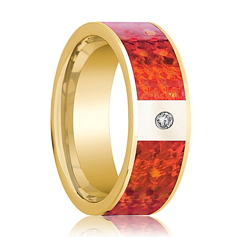 Men's Flat 14k Yellow Gold Wedding Band with Red Opal Inlay and Diamond in Center - 8MM - Rings - Aydins Jewelry - 1