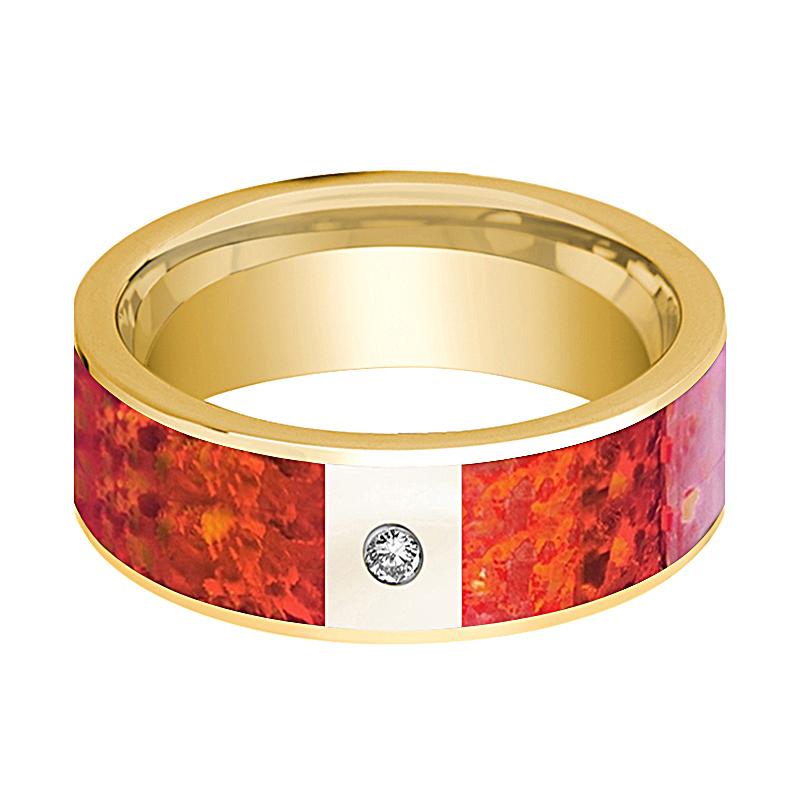 Red Opal inlay 14k yellow gold wedding band 8mm with diamond, side profile