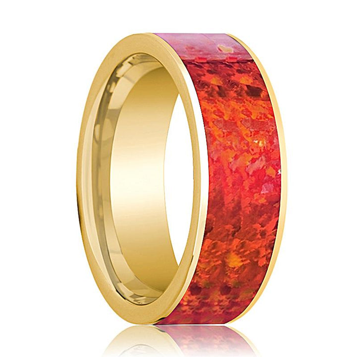 Men's Flat 14k Yellow Gold Wedding Band with Red Opal Inlay & Polished Finish - 8MM - Rings - Aydins Jewelry