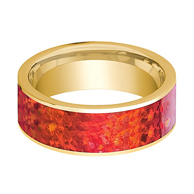Red Opal inlay 14k yellow gold wedding band 8mm, side profile