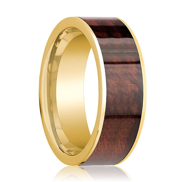 Mens Wedding Band Polished 14k Yellow Gold Flat Wedding Ring with Red Wood Inlay  - 8mm - AydinsJewelry