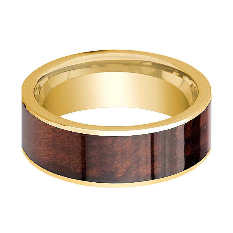Red Wood inlay 14k yellow gold wedding band 8mm, side profile