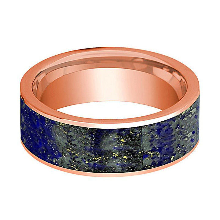 Men's Flat Polished 14k Rose Gold Wedding Band with Blue Lapis Lazuli Inlay - 8MM - Rings - Aydins Jewelry