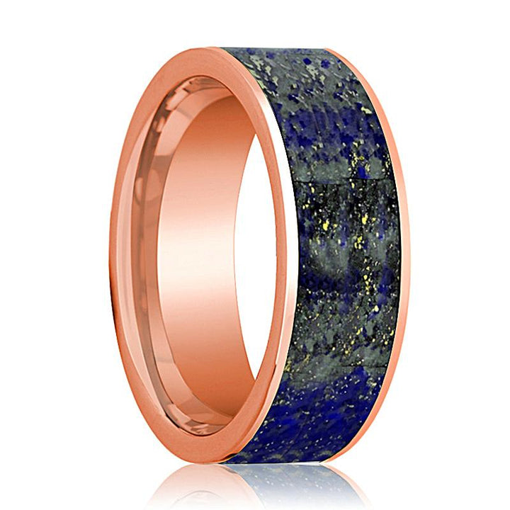 Men's Flat Polished 14k Rose Gold Wedding Band with Blue Lapis Lazuli Inlay - 8MM - Rings - Aydins Jewelry - 1