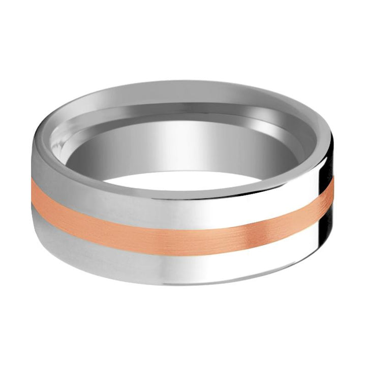 CERBERUS | Silver Tungsten Ring, 14k Rose Gold Stripe, Flat - Rings - Aydins Jewelry - 2