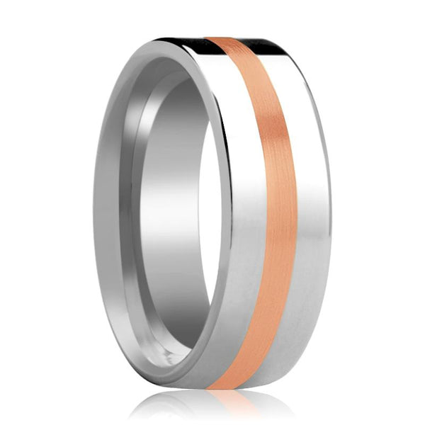 Men's Flat Tungsten Wedding Band with 14k Rose Gold Stripe Inlay Polished Finish - 6MM - 8MM