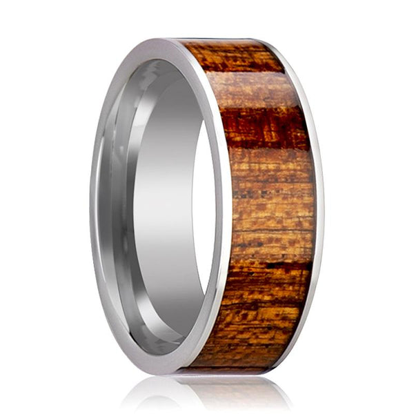 Tungsten Wood Ring - Mahogany Hardwood Inlay - Polished Edges - 8mm - Tungsten Carbide Wedding Ring - AydinsJewelry