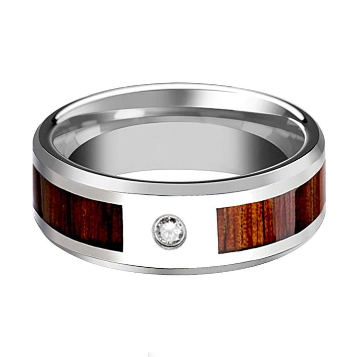 KAHUNA | Silver Tungsten Ring, Diamond, Koa Wood Inlay, Beveled - Rings - Aydins Jewelry - 2