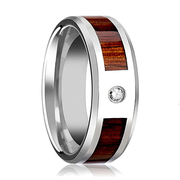 KAHUNA | Silver Tungsten Ring, Diamond, Koa Wood Inlay, Beveled