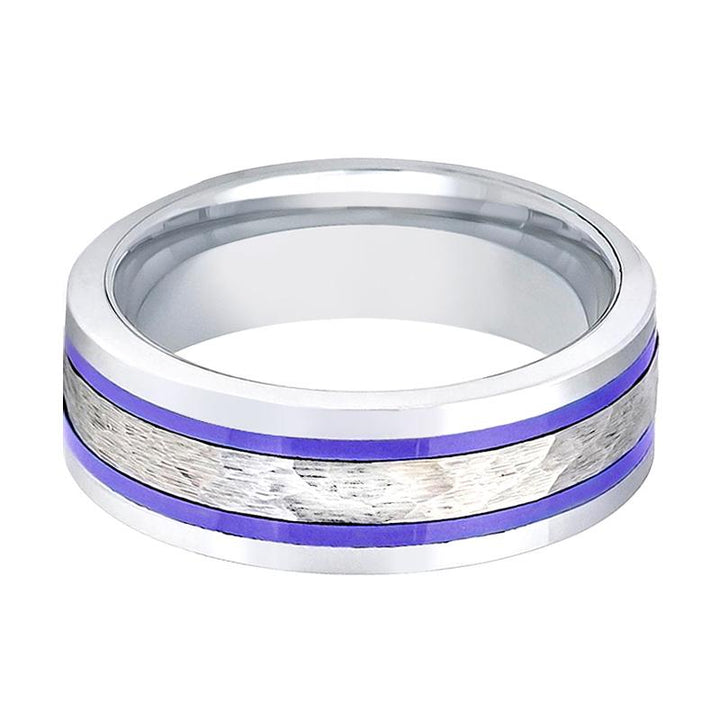 SKYFORCE | Silver Tungsten Ring, Hammered, Two Blue Hue Trims, Flat - Rings - Aydins Jewelry - 2