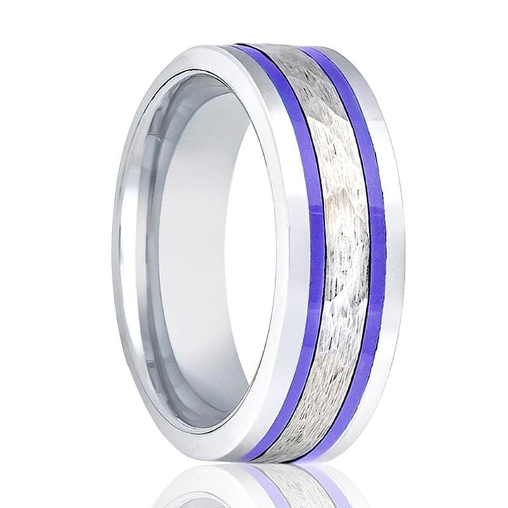 Men's Pipe Cut Flat Silver Tungsten Wedding Band with Hammered Center and Two Off Set Blue Hue Trims - 8MM - Rings - Aydins Jewelry