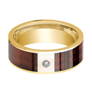 Red Wood inlay 14k yellow gold wedding band 8mm with diamond, side profile