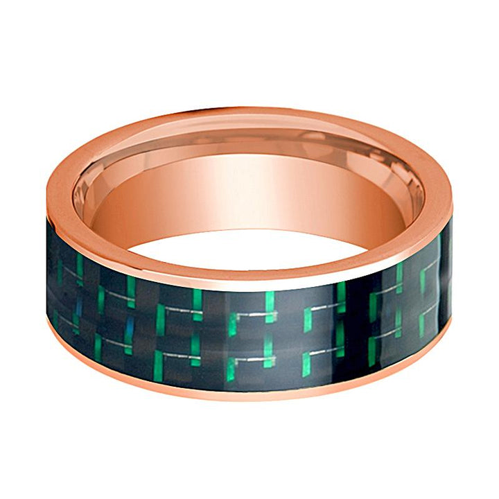 Men's Polished 14k Rose Gold Flat Wedding Band with Black and Green Carbon Fiber Inlay - 8MM - Rings - Aydins Jewelry - 2