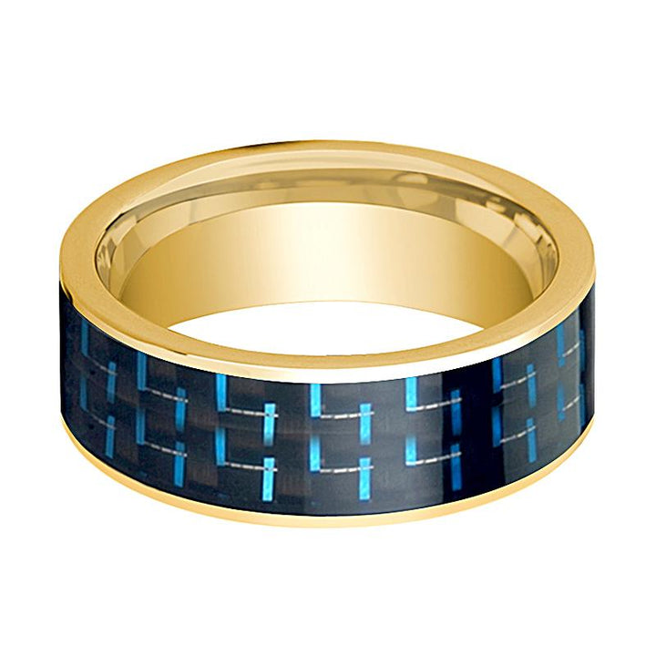 Men's Polished 14k Yellow Gold Flat Wedding Band with Black & Blue Carbon Fiber Inlay - 8MM - Rings - Aydins Jewelry