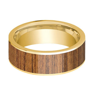 Teak Wood inlay 14k yellow gold wedding band 8mm, side profile