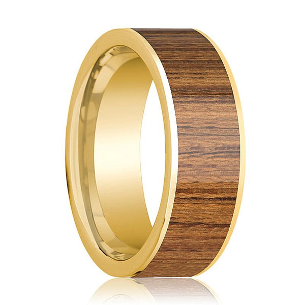 Men's Polished 14k Yellow Gold Flat Wedding Band with Teak Wood Inlay - 8MM - Rings - Aydins Jewelry - 1