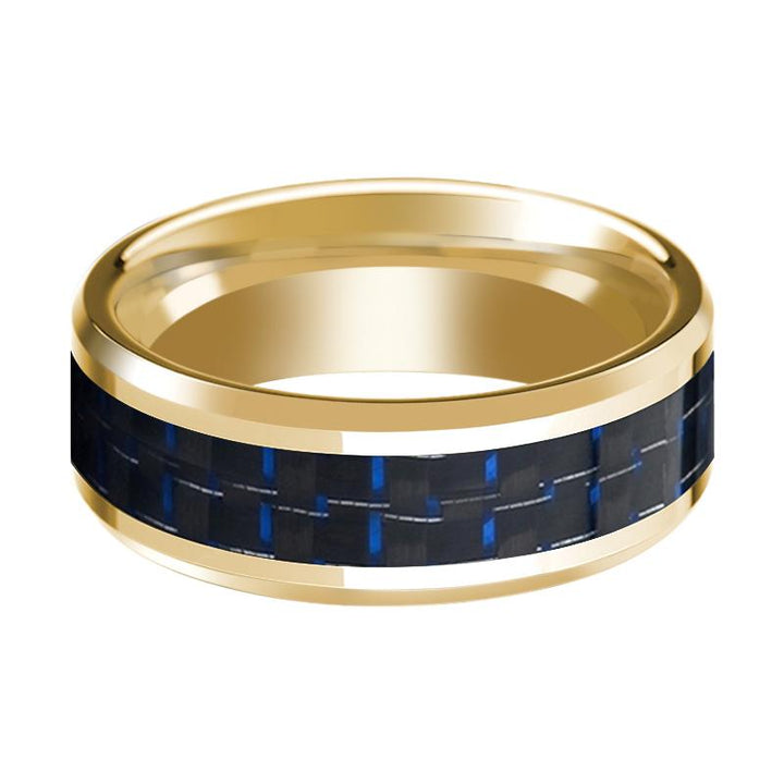 Men's Polished 14k Yellow Gold Wedding Band with Blue & Black Carbon Fiber Inlay & Bevels - 8MM - Rings - Aydins Jewelry - 2